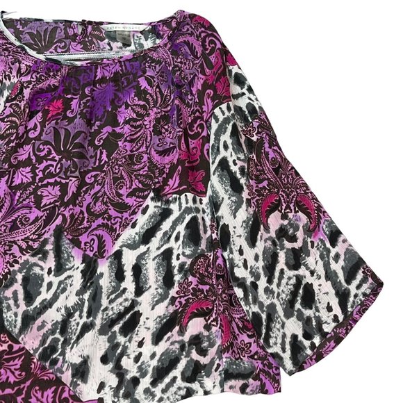 Peter Nygard Top Womens 10 Pink Black Long Sleeve Round Neck Floral Spots Print - Picture 5 of 14